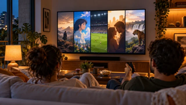Ilustração de um casal escolhendo entre filmes, animes, esportes e séries em uma televisão