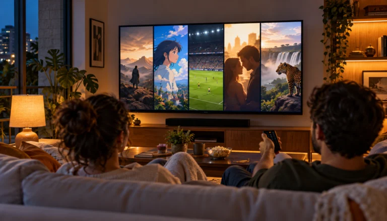 Ilustração de um casal escolhendo entre filmes, animes, esportes e séries em uma televisão