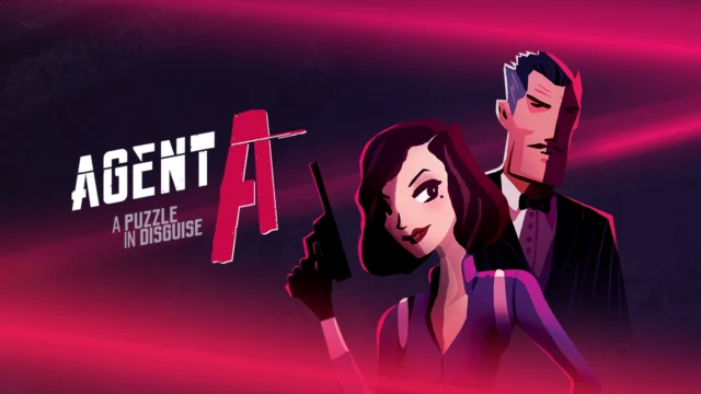 Arte oficial de Agent A: A Puzzle in Disguise com Ruby La Rouge, um agente e o logotipo do jogo