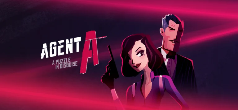 Arte oficial de Agent A: A Puzzle in Disguise com Ruby La Rouge, um agente e o logotipo do jogo