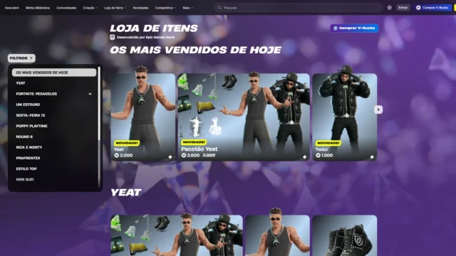 Seção de Yeat na loja do Fortnite com os trajes Yeat e Twizz, pacotão e acessórios em 16 de outubro de 2026.
