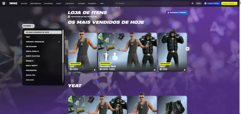 Seção de Yeat na loja do Fortnite com os trajes Yeat e Twizz, pacotão e acessórios em 16 de outubro de 2026.