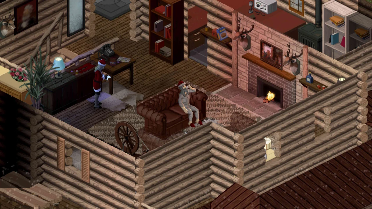 Dois sobreviventes em uma cabana com lareira no modo multijogador de Project Zomboid