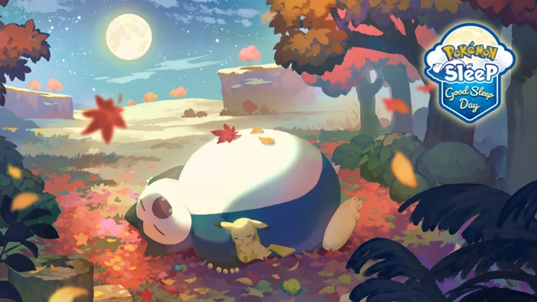 Snorlax e Pikachu dormem sob a lua cheia em arte oficial do Good Sleep Day de Pokémon Sleep