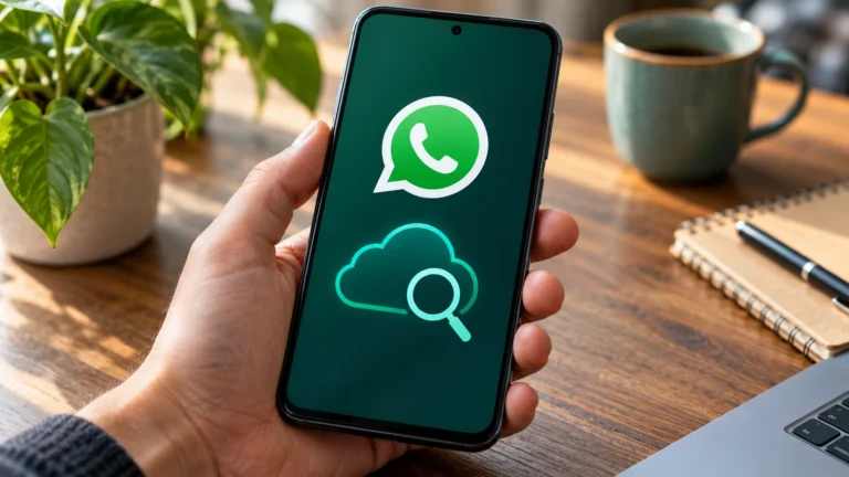 Celular com símbolo do WhatsApp e lupa sobre uma nuvem em ilustração conceitual.