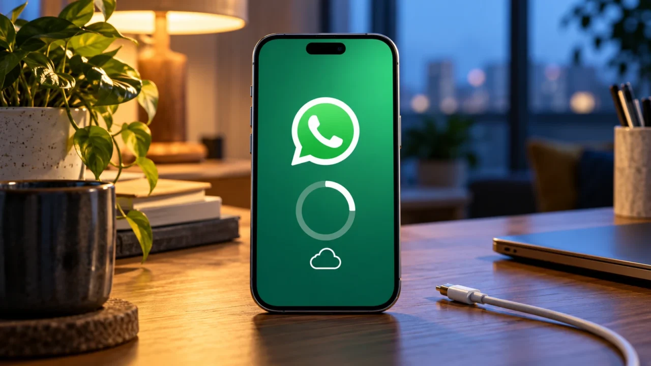 Celular com símbolo do WhatsApp, nuvem e círculo de progresso incompleto.