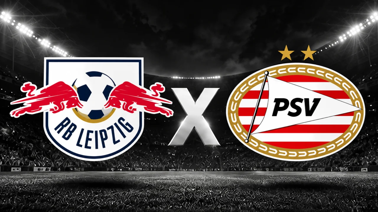 Escudos do RB Leipzig e do PSV separados por um X diante de um estádio iluminado.