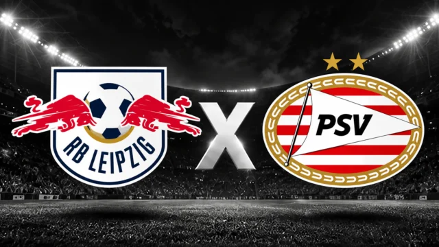 Escudos do RB Leipzig e do PSV separados por um X diante de um estádio iluminado.