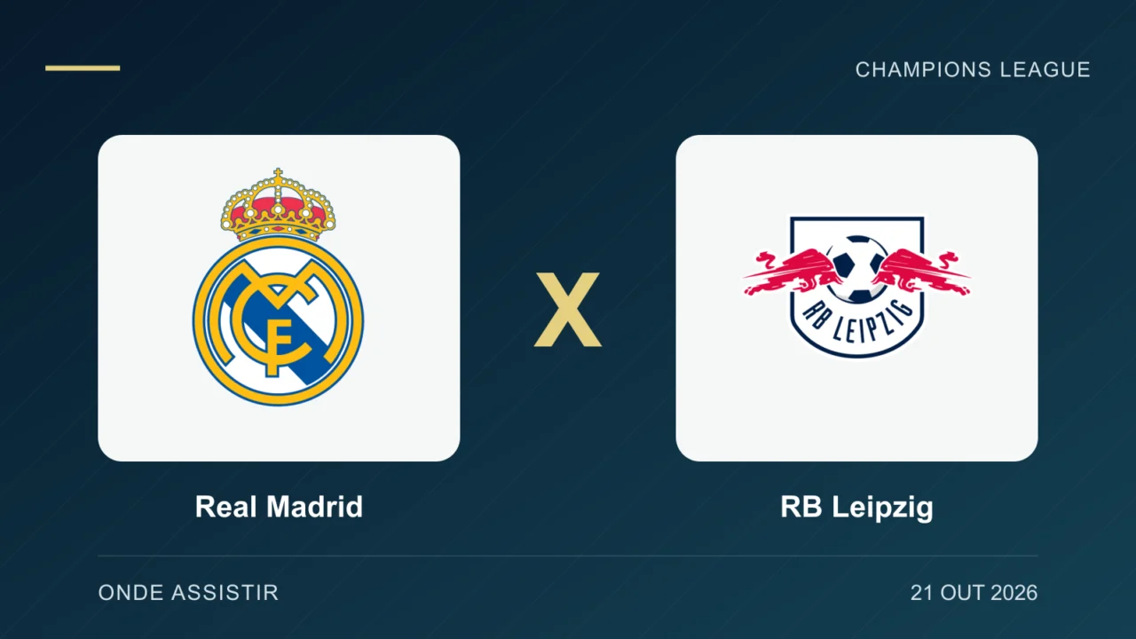 Escudos de Real Madrid e RB Leipzig, separados por um X.