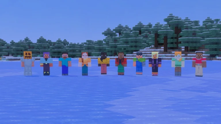 Grupo de personagens de Minecraft reunidos sobre um lago congelado