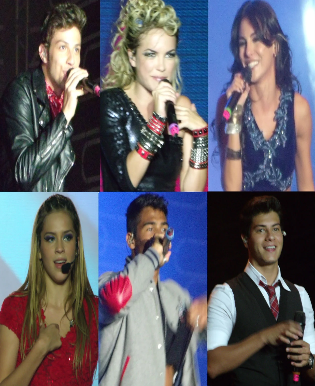 Montagem reúne os seis integrantes da banda Rebeldes, incluindo Lua Blanco, durante apresentações