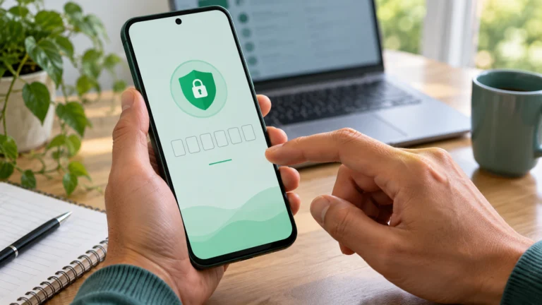 Mãos diante de uma tela ilustrativa de verificação de conta em um celular