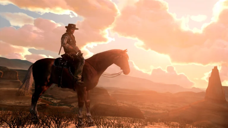 John Marston cavalga no Velho Oeste em Red Dead Redemption