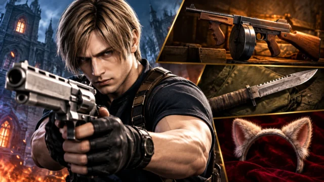 Leon S. Kennedy aponta um revólver ao lado de uma submetralhadora, uma faca e orelhas de gato, em arte ilustrativa sobre munição infinita em Resident Evil 4 Remake