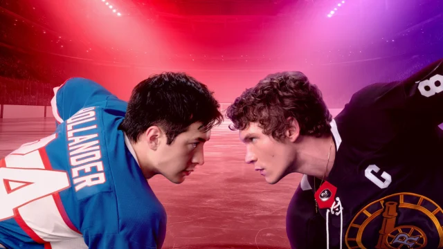 Shane Hollander e Ilya Rozanov frente a frente em uniformes de hóquei, na arte oficial de Rivalidade Ardente.