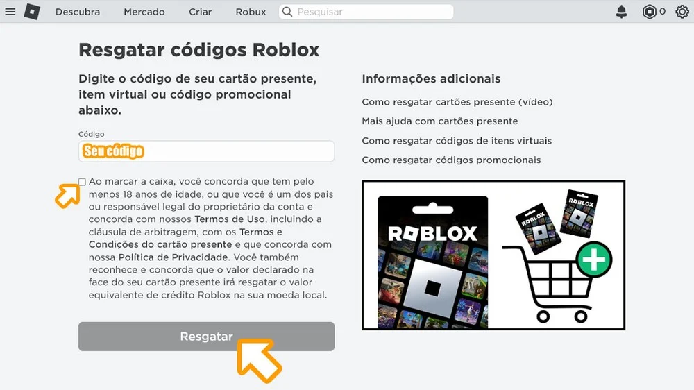 Tela de resgate de códigos do Roblox mostrando o campo para inserir o código e o botão Resgatar