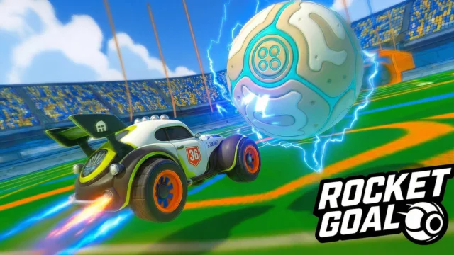 Carro esportivo e bola energizada em um estádio de futebol na arte de RocketGoal.io