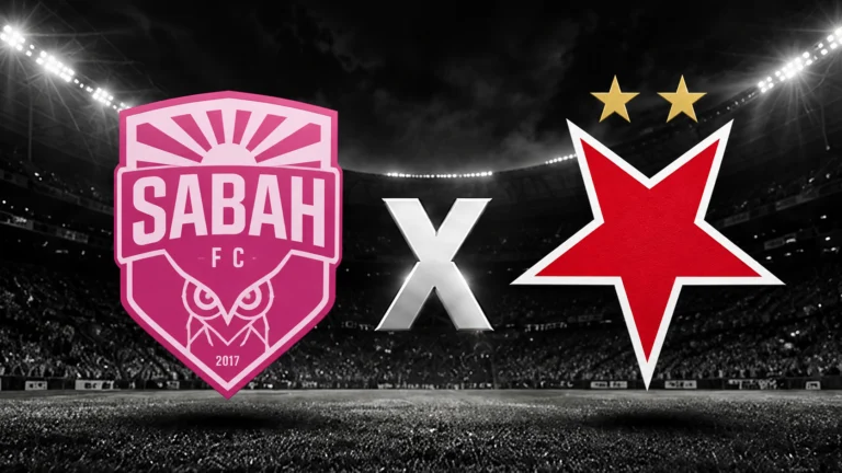 Escudos do Sabah e do Slavia Praga separados por um X em um estádio iluminado.