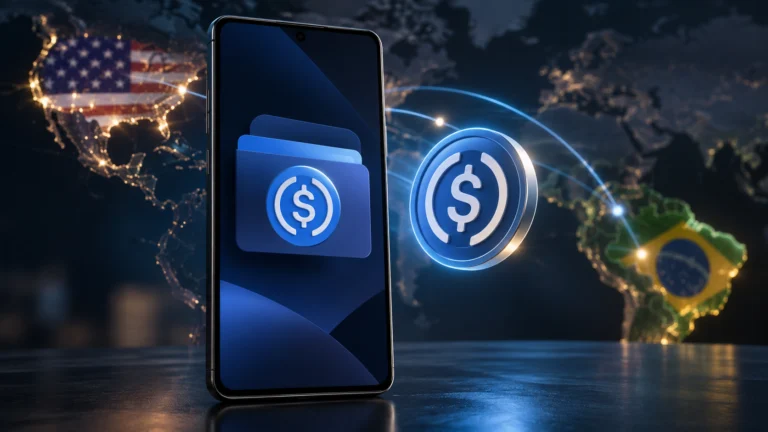 Ilustração de smartphone Galaxy com símbolo do USDC e conexões financeiras internacionais