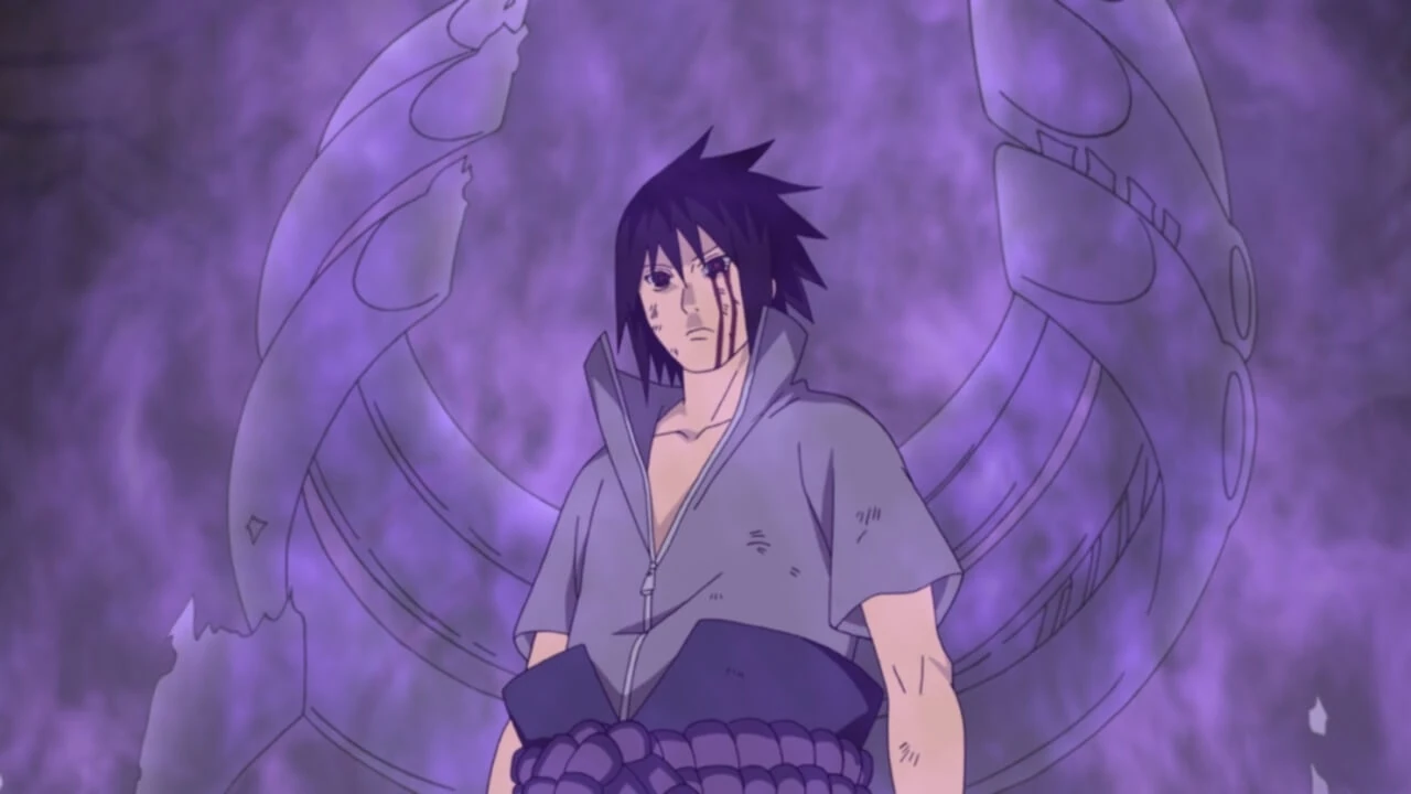 Sasuke usa o Susanoo durante os confrontos da Reunião dos Cinco Kage