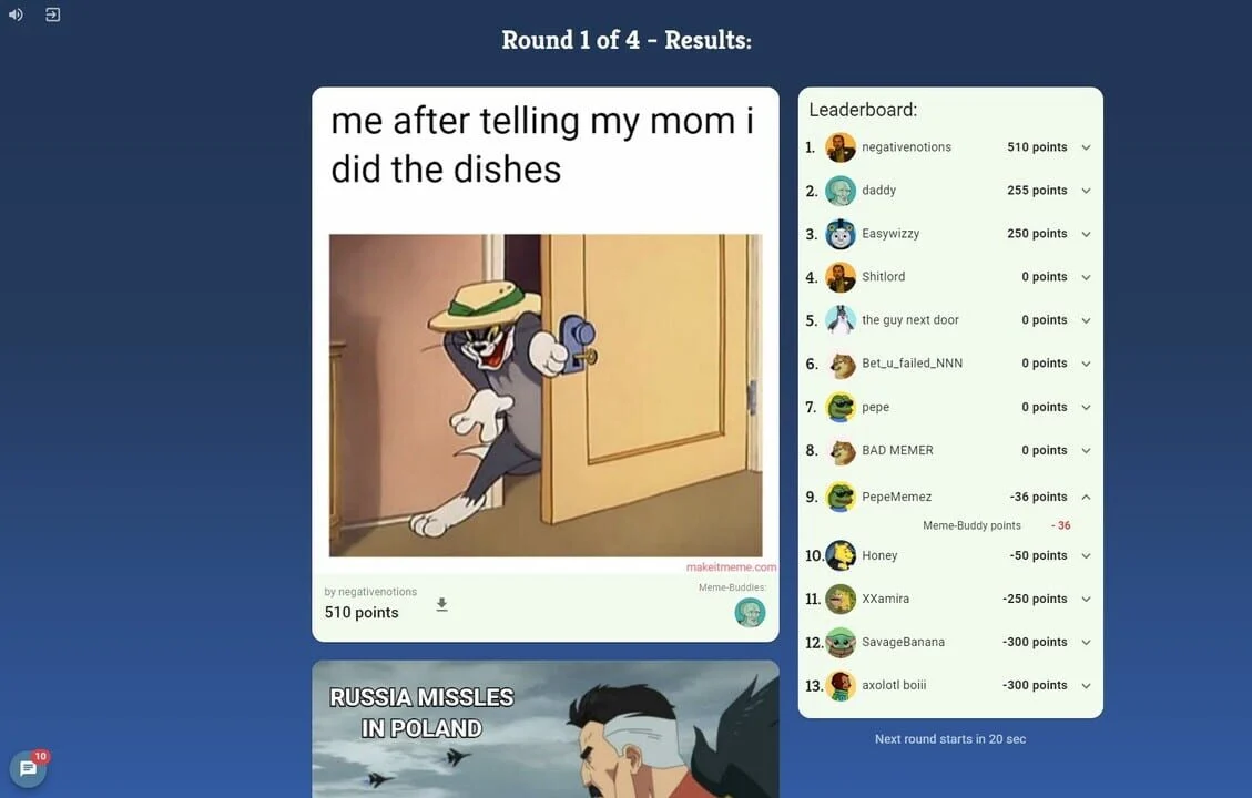 Resultado de uma rodada de Make it Meme com meme de Tom e Jerry e pontuação dos participantes.