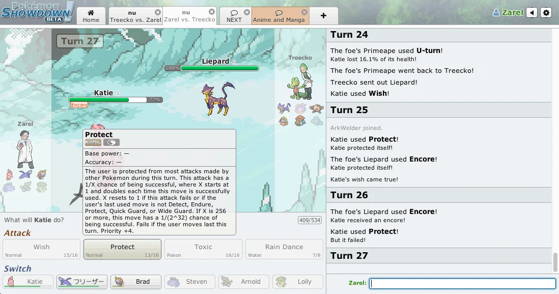Pokémon Showdown exibe batalha de Pokémon com sprites, golpes disponíveis e histórico dos turnos.
