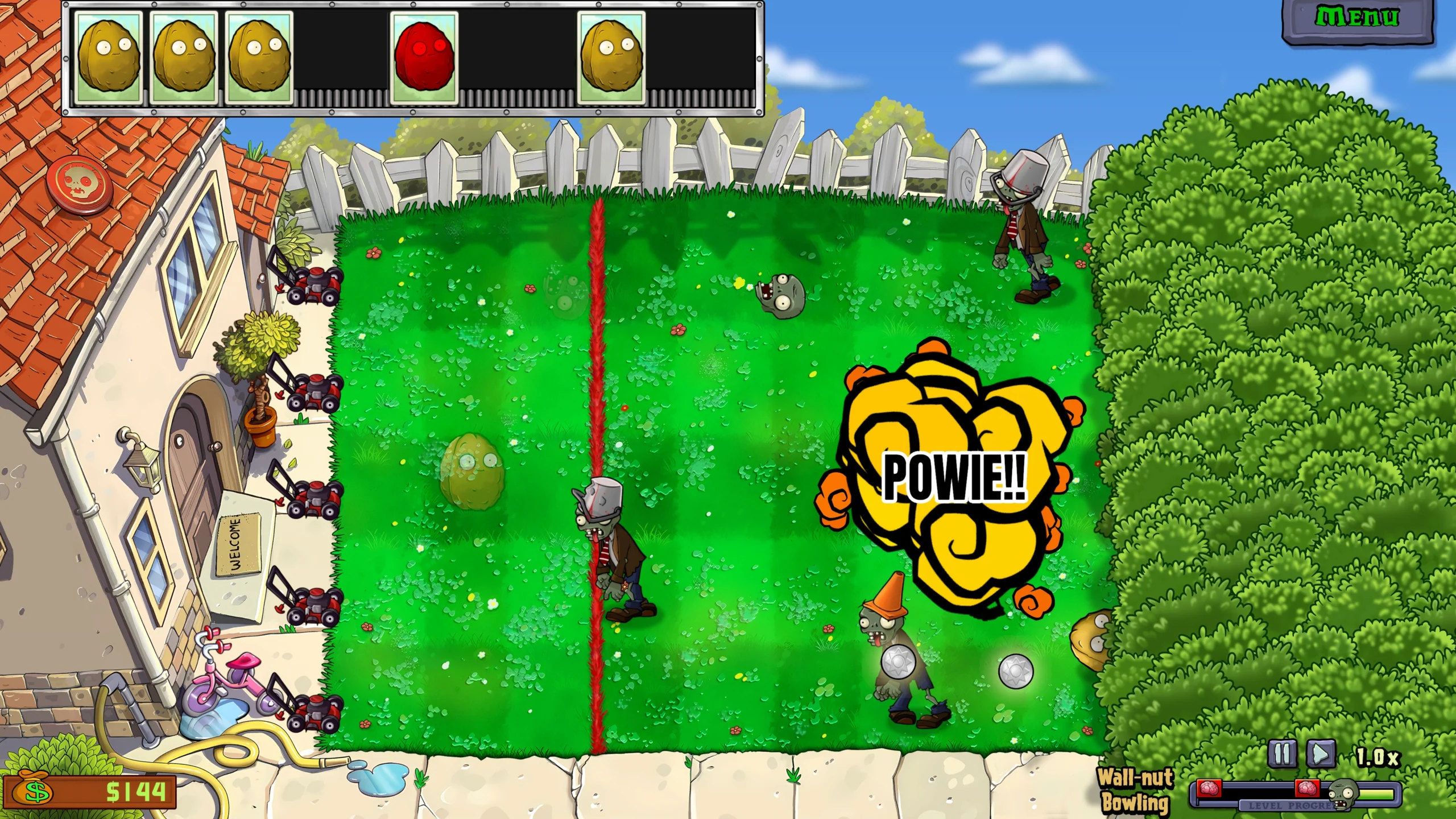 Minijogo de boliche com nozes em Plants vs. Zombies Replanted, mostrando a variedade de desafios da remasterização