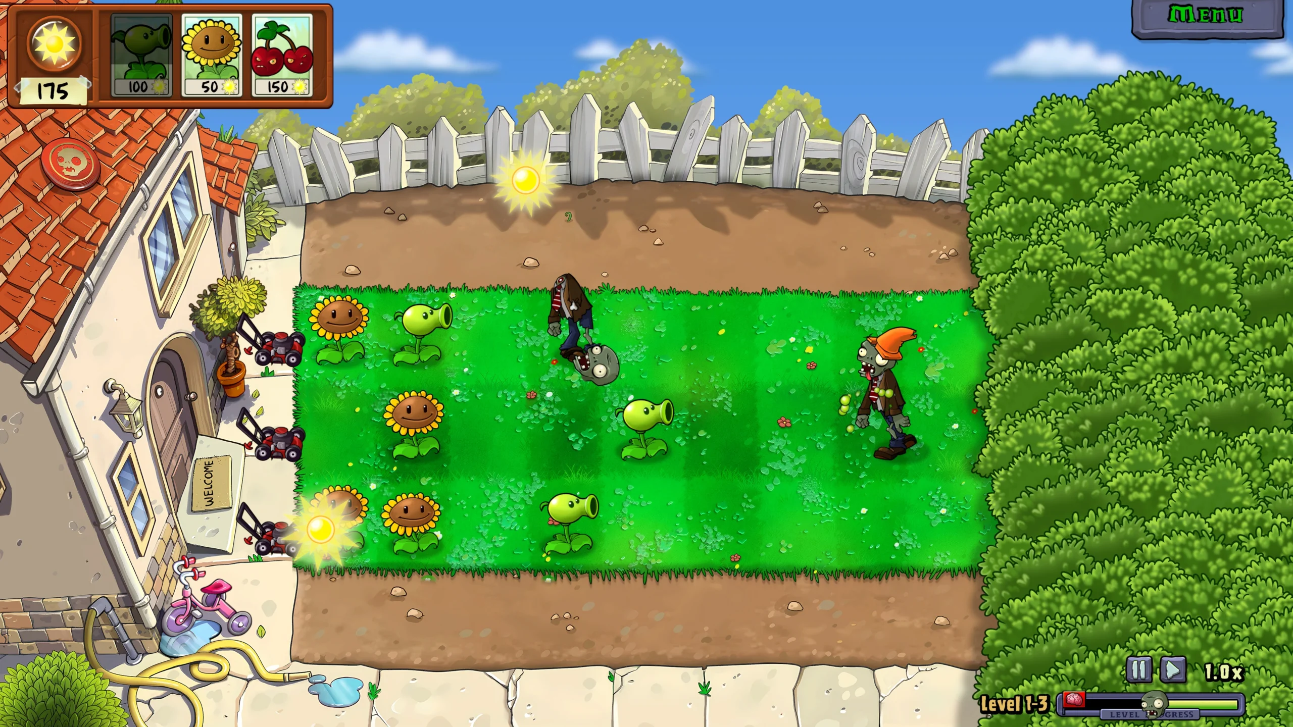 Plants vs. Zombies Replanted mostra girassóis e disparervilhas protegendo o gramado de uma casa contra zumbis