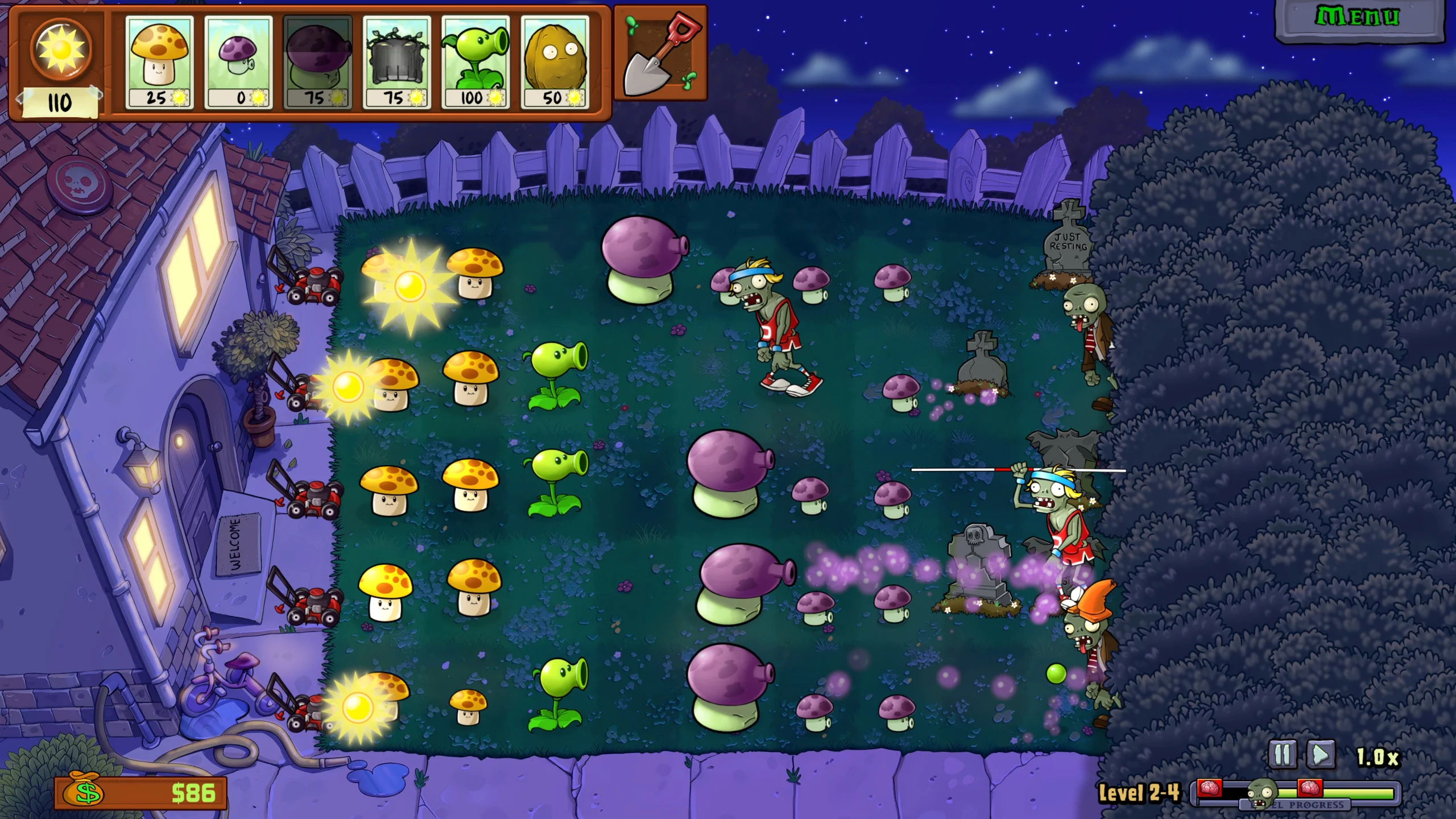 Fase noturna de Plants vs. Zombies Replanted com cogumelos e outras plantas enfrentando zumbis