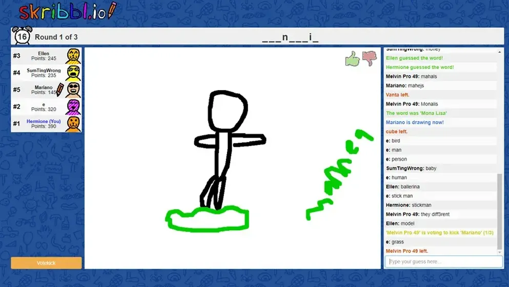 Tela do skribbl.io com desenho de um boneco, classificação de jogadores e palpites no chat.