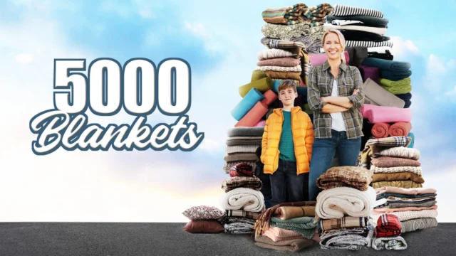 Anna Camp e Carson Minniear cercados por cobertas na arte de 5000 Cobertas