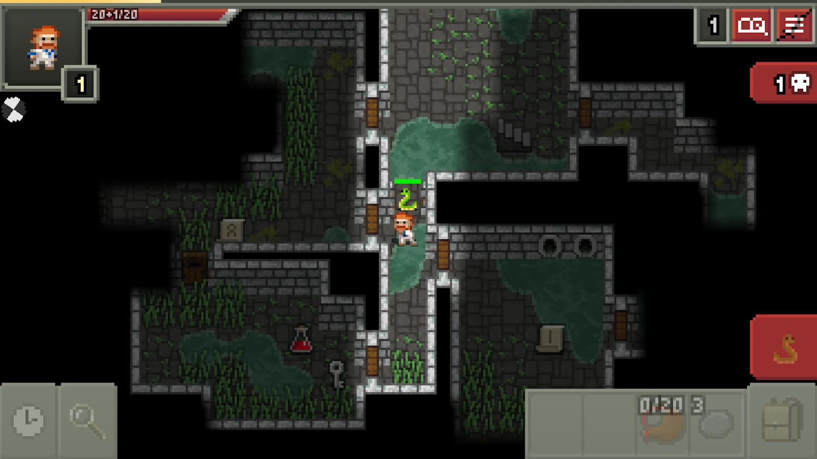 Personagem explorando uma masmorra em Shattered Pixel Dungeon