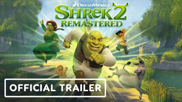 Shrek e personagens de Shrek 2 Remastered na arte do trailer oficial do jogo