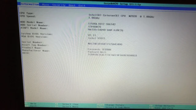 Tela de informações do firmware de um notebook