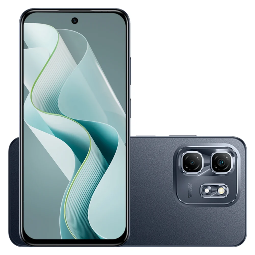 Smartphone Infinix HOT 50i visto pela frente e por trás, em acabamento escuro