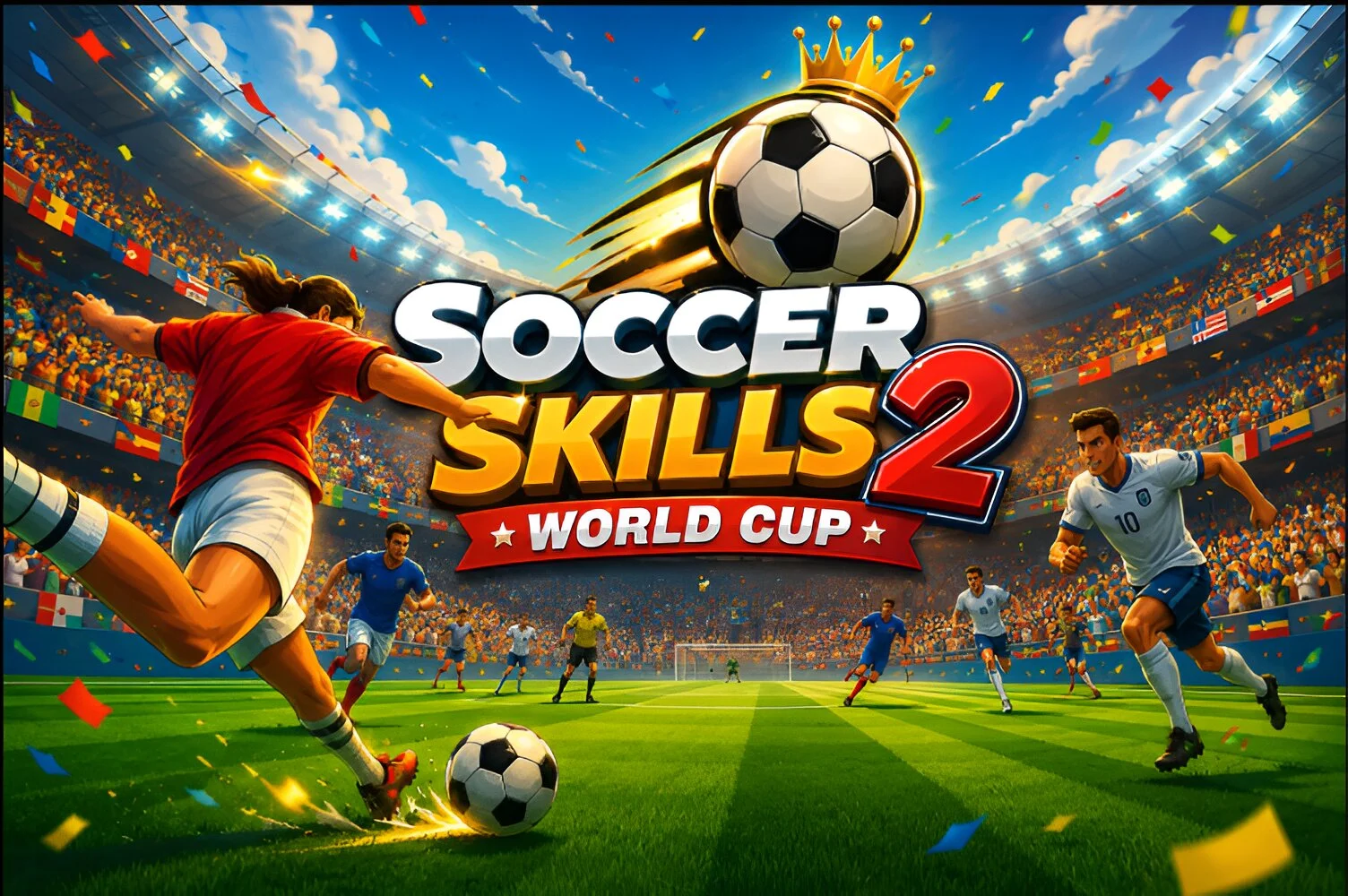 Arte ilustrativa de Soccer Skills 2 World Cup com jogador chutando e estádio ao fundo