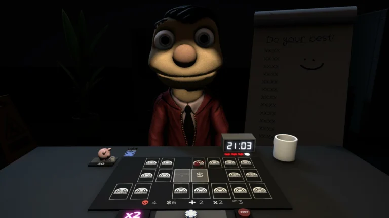 Mascote assustador diante de um tabuleiro de cartas em Mr Magpie's Harmless Card Game