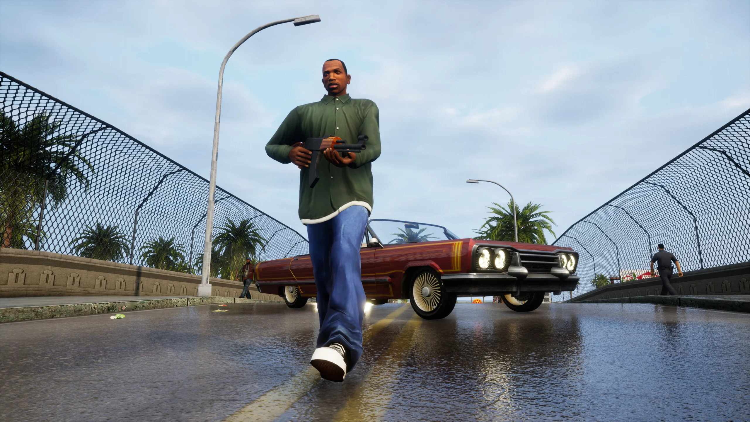 CJ caminha armado diante de um carro vermelho em GTA San Andreas The Definitive Edition