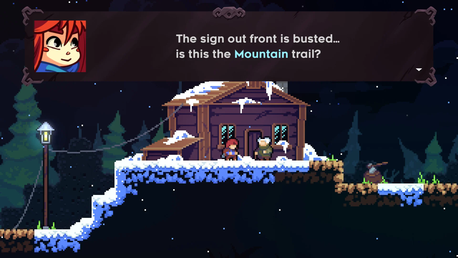 Madeline em cenário de neve e plataforma de Celeste
