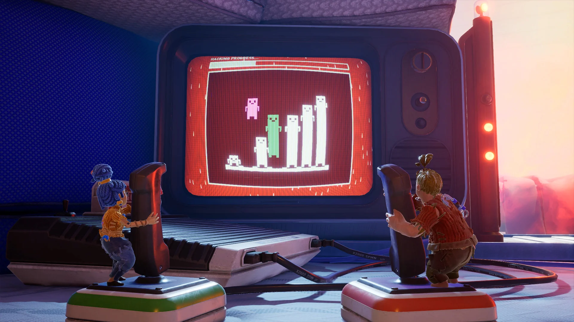 Cody e May operam dois joysticks diante de uma televisão em It Takes Two
