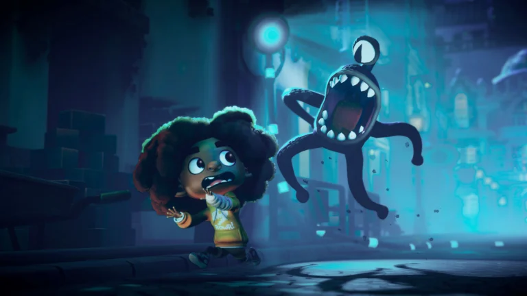 Personagens de Stage Fright exploram uma sala com mecanismos e plataformas