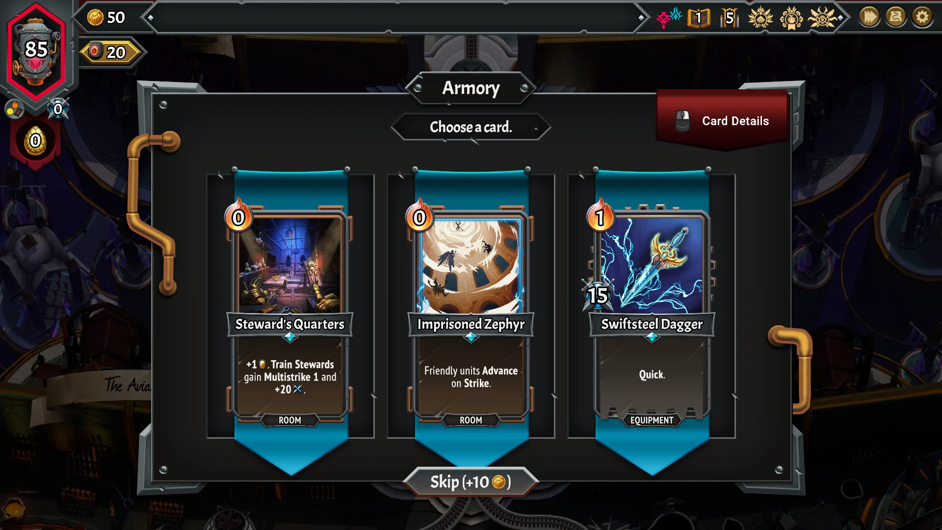 Tela do arsenal de Monster Train 2 apresenta cartas de sala e de equipamento para escolher durante a partida