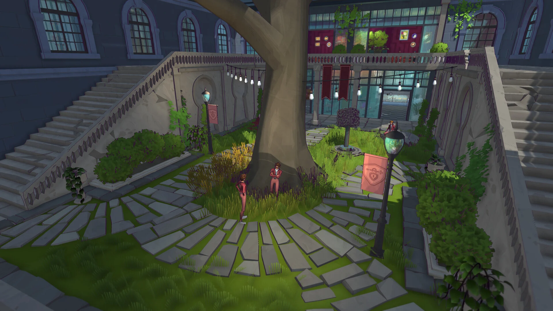 Pátio arborizado com caminhos e estudantes em Escape Academy 2 Back 2 School