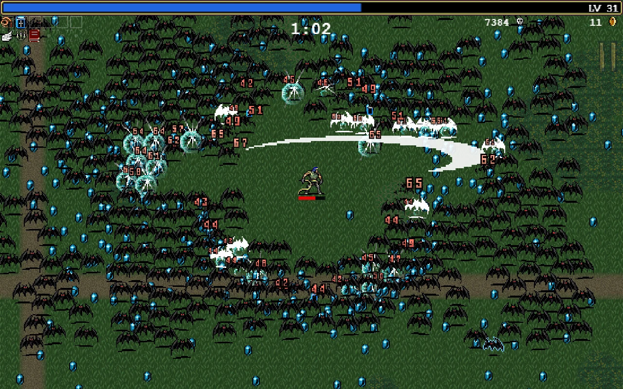 Partida de Vampire Survivors, jogo de ação com pixel art e hordas de inimigos