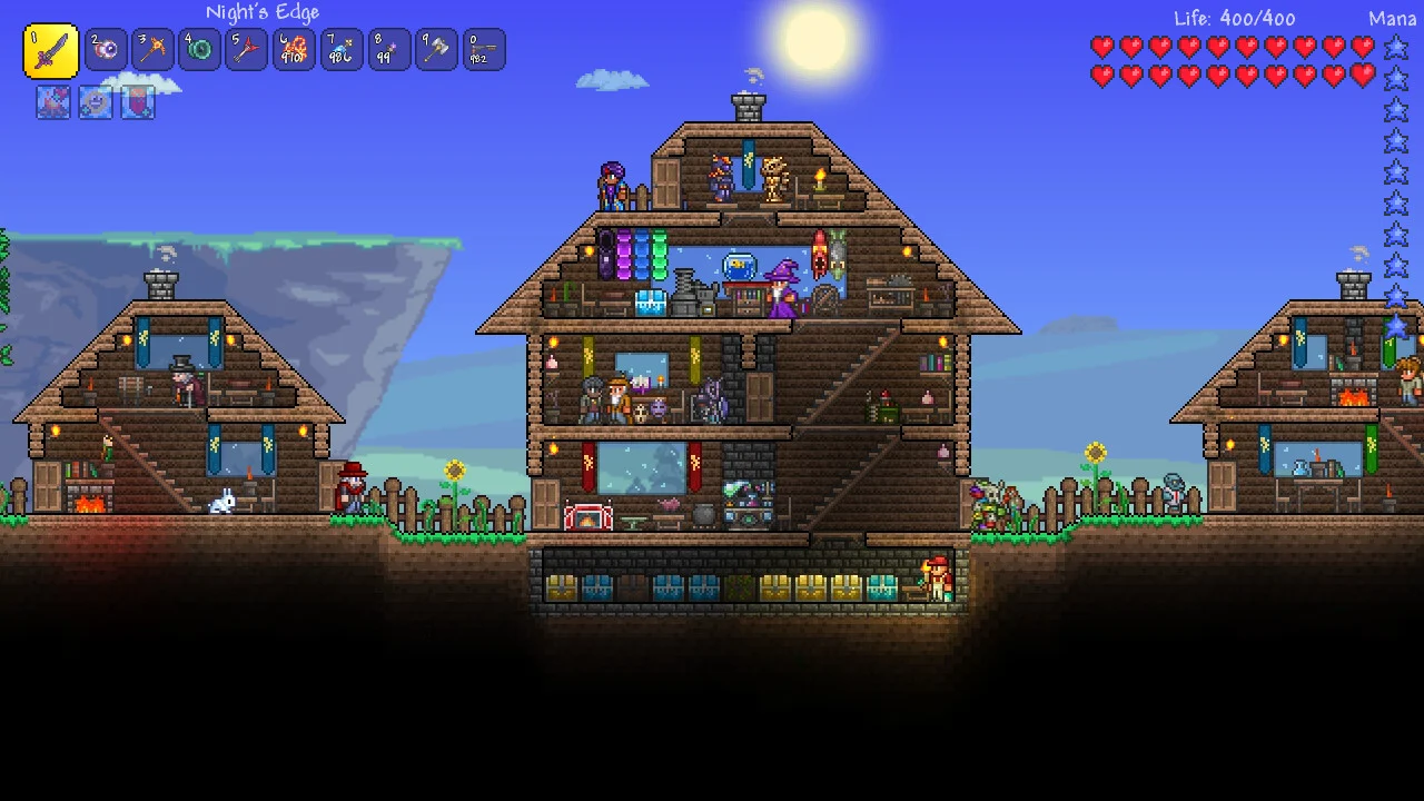 Casas construídas em Terraria, com cenários de pixel art