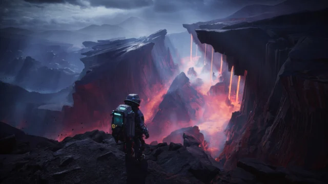 Jan Dolski observa um desfiladeiro iluminado por lava em The Alters