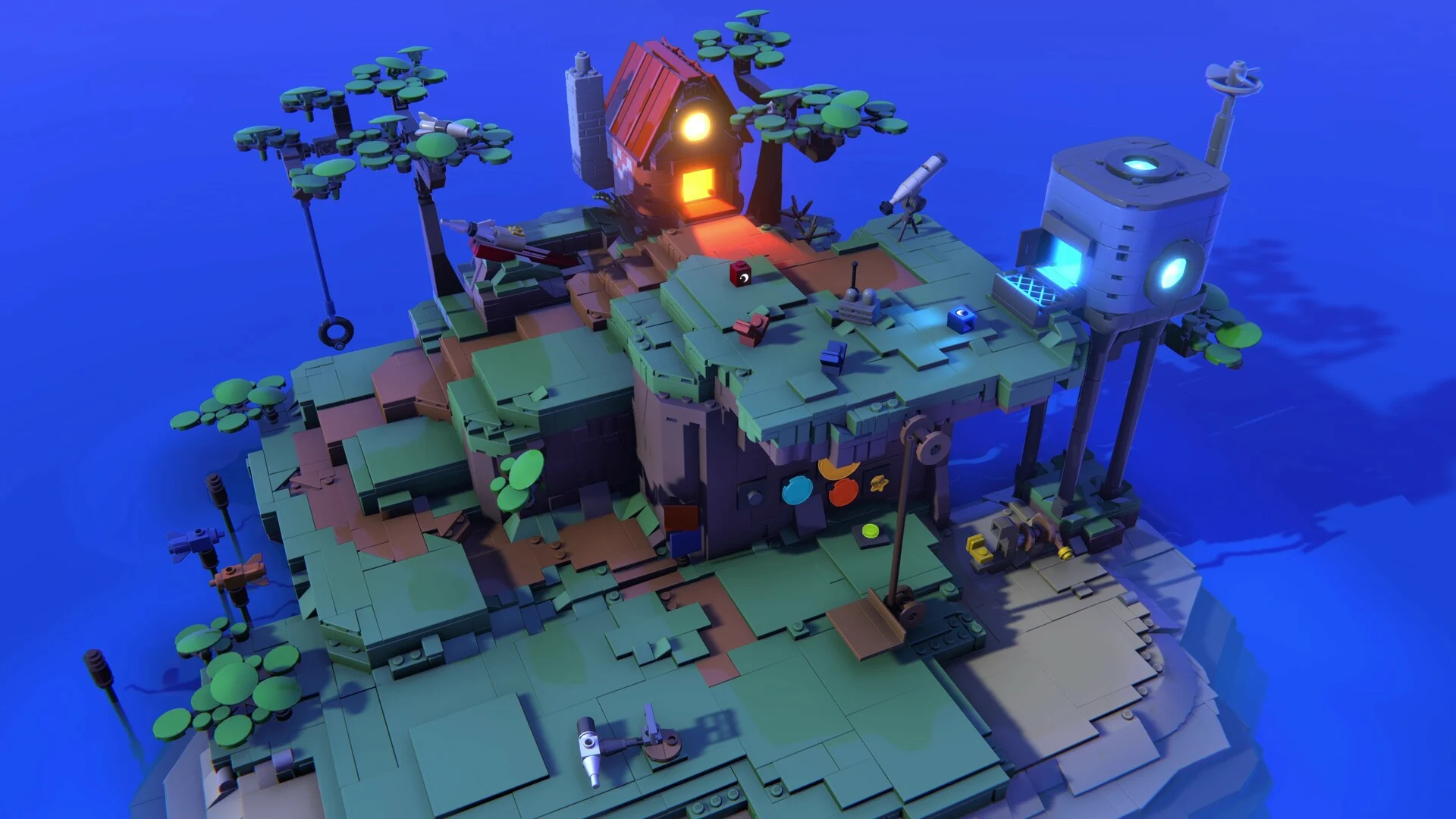 Duas pequenas peças LEGO em uma ilha construída com blocos em LEGO Voyagers