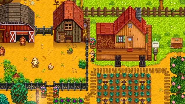 Fazenda com plantações, animais e construções de Stardew Valley