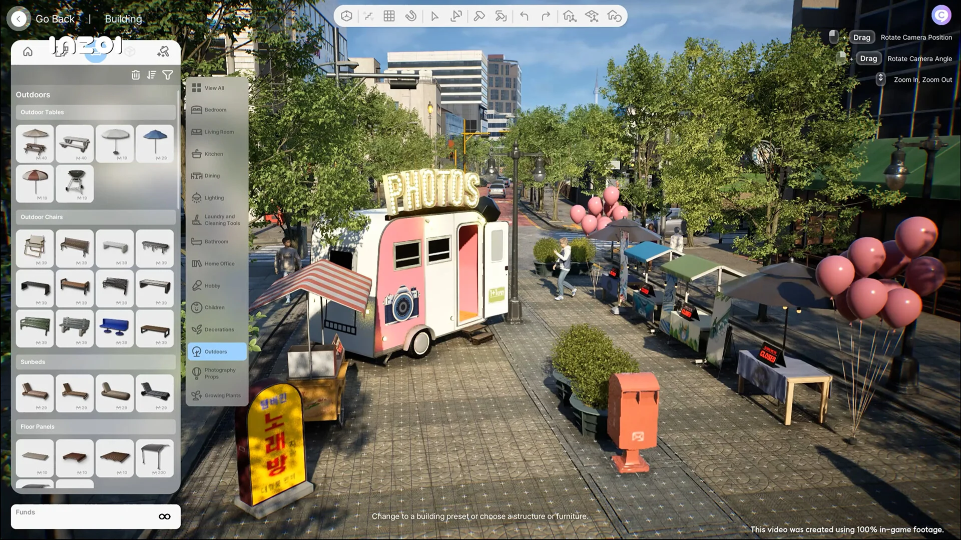 Modo Construção de inZOI com catálogo de móveis e objetos para personalizar um espaço urbano
