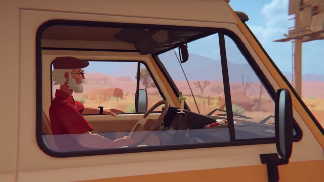 Alfred, de boné e camisa vermelhos, ao volante de uma van em uma paisagem desértica de Forever Ago.